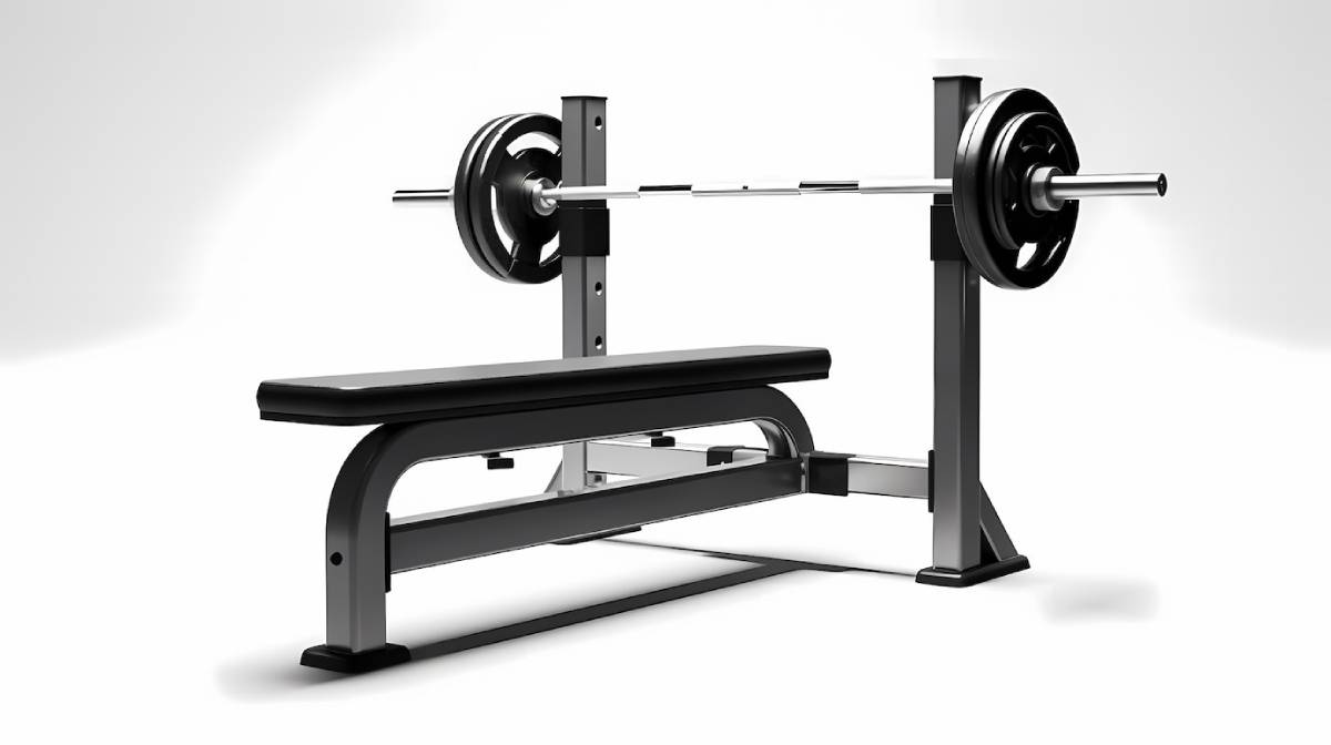 A bench press setup with a loaded barbell on a rack against a white background.