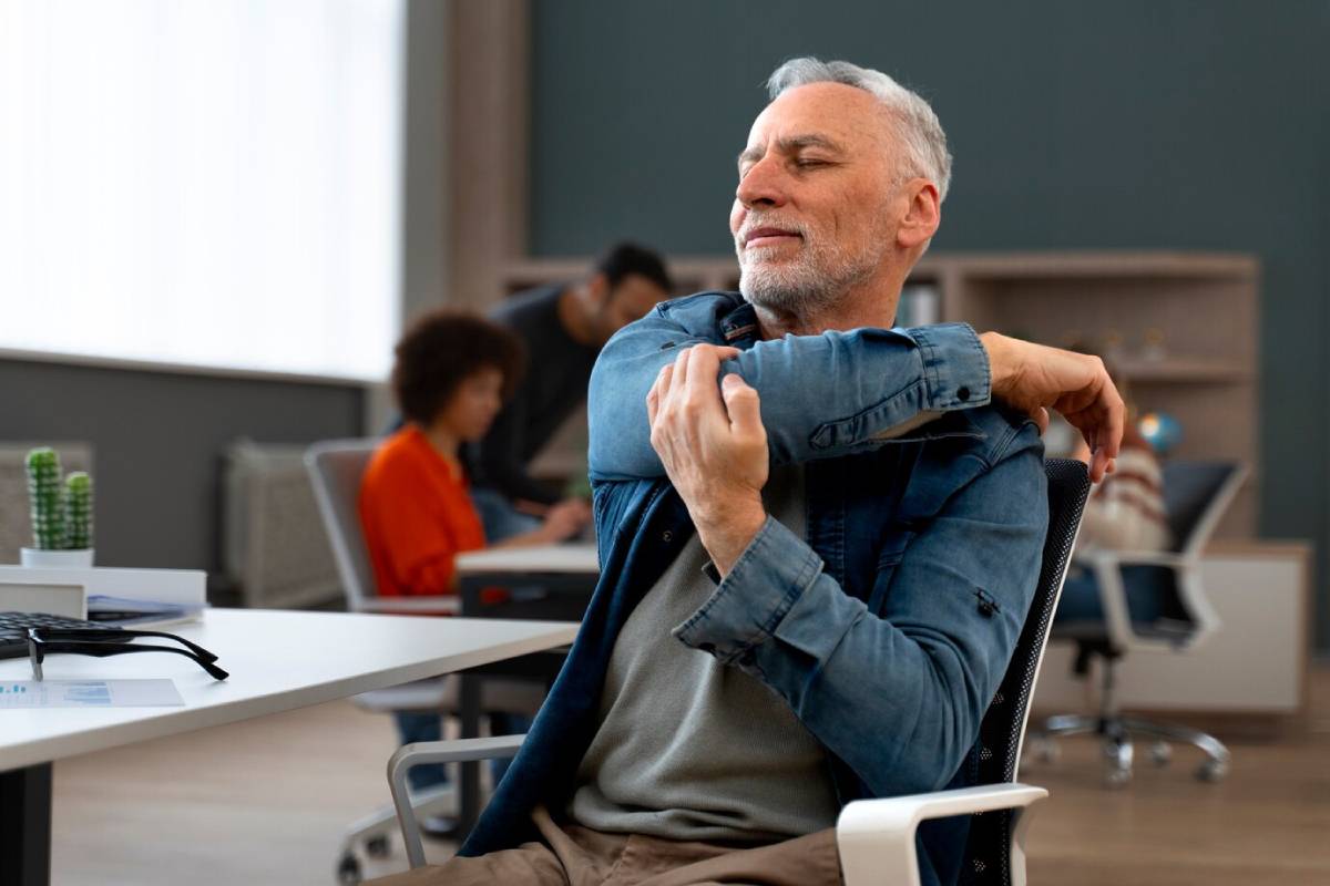 An older man stretching his shoulder in a relaxed office setting.