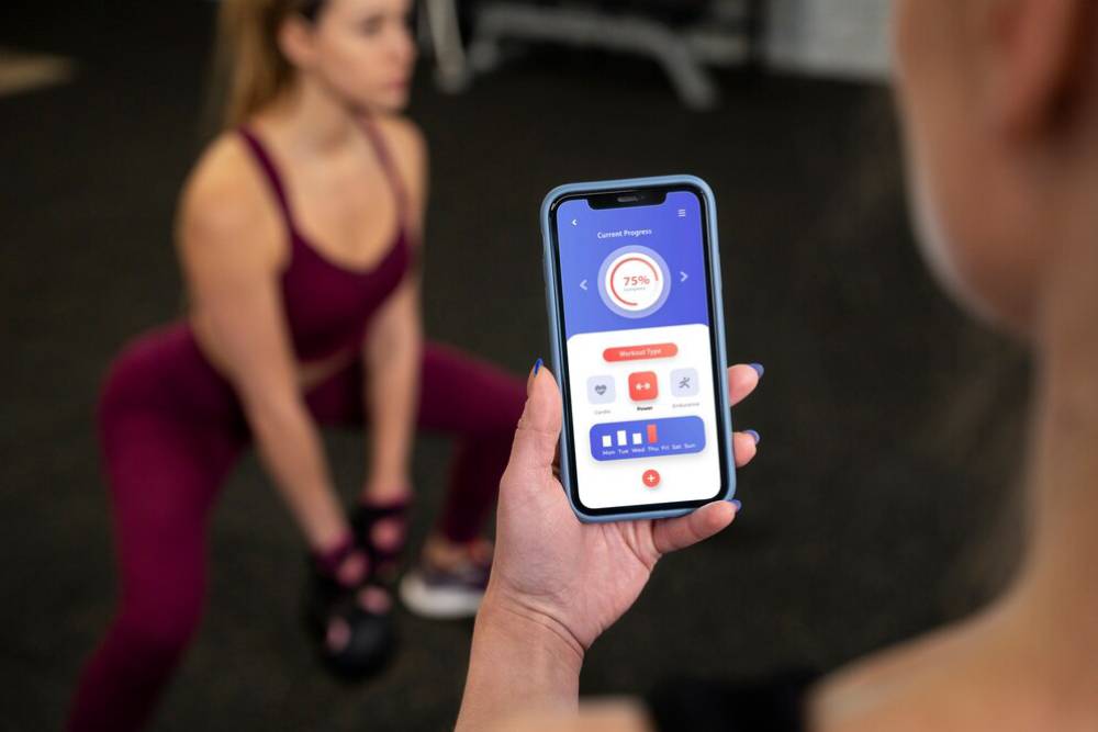  Person holding a smartphone with a fitness app open, displaying workout progress, in front of a woman exercising.